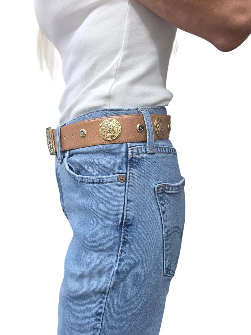 Vintage Jana Tan Leather Concho Belt Gold Medallion Medium
